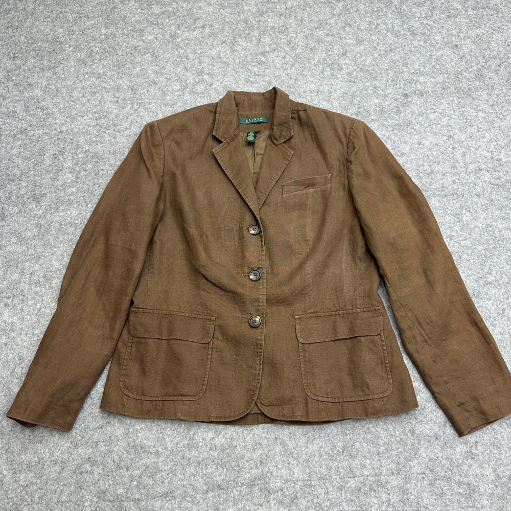 Lauren Ralph Lauren Brown 100% Linen 3-Button Blazer Jacket Womens Size 8 Office
